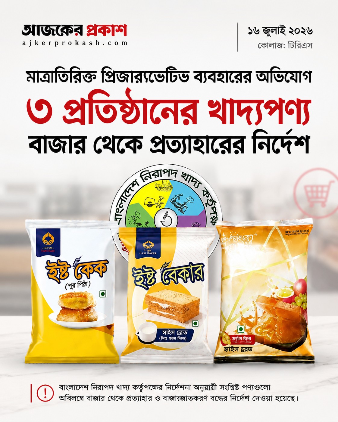 মাত্রাতিরিক্ত প্রিজারভেটিভের অভিযোগে ৩ প্রতিষ্ঠানের খাদ্যপণ্য বাজার থেকে প্রত্যাহারের নির্দেশ